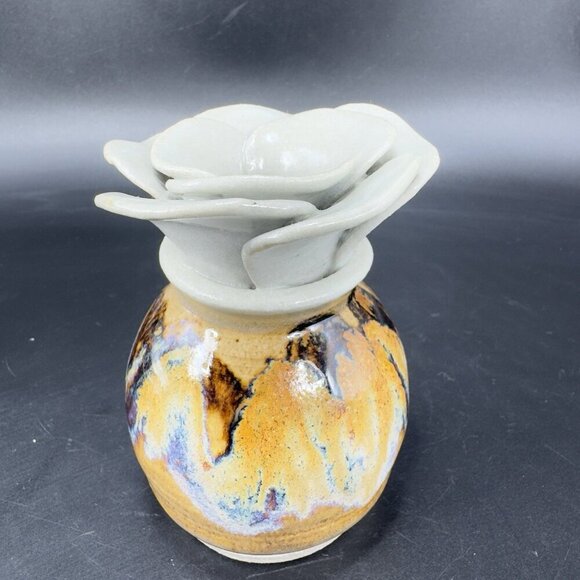 Vintage Studio Pottery Flower Shaped Bud Vase Drip Glaze Stoneware Signed Judy - Picture 10 of 12